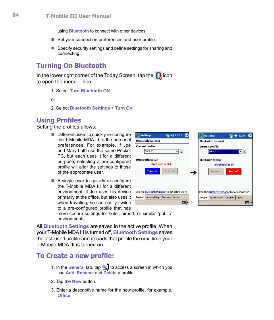 Turning on bluetooth, Using profiles | T-Mobile MDA III User Manual | Page 84 / 178