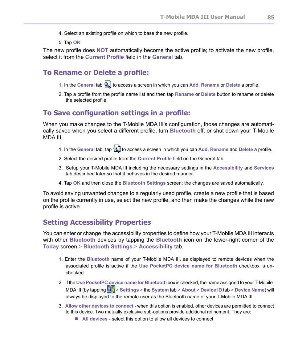 Setting accessibility properties | T-Mobile MDA III User Manual | Page 85 / 178