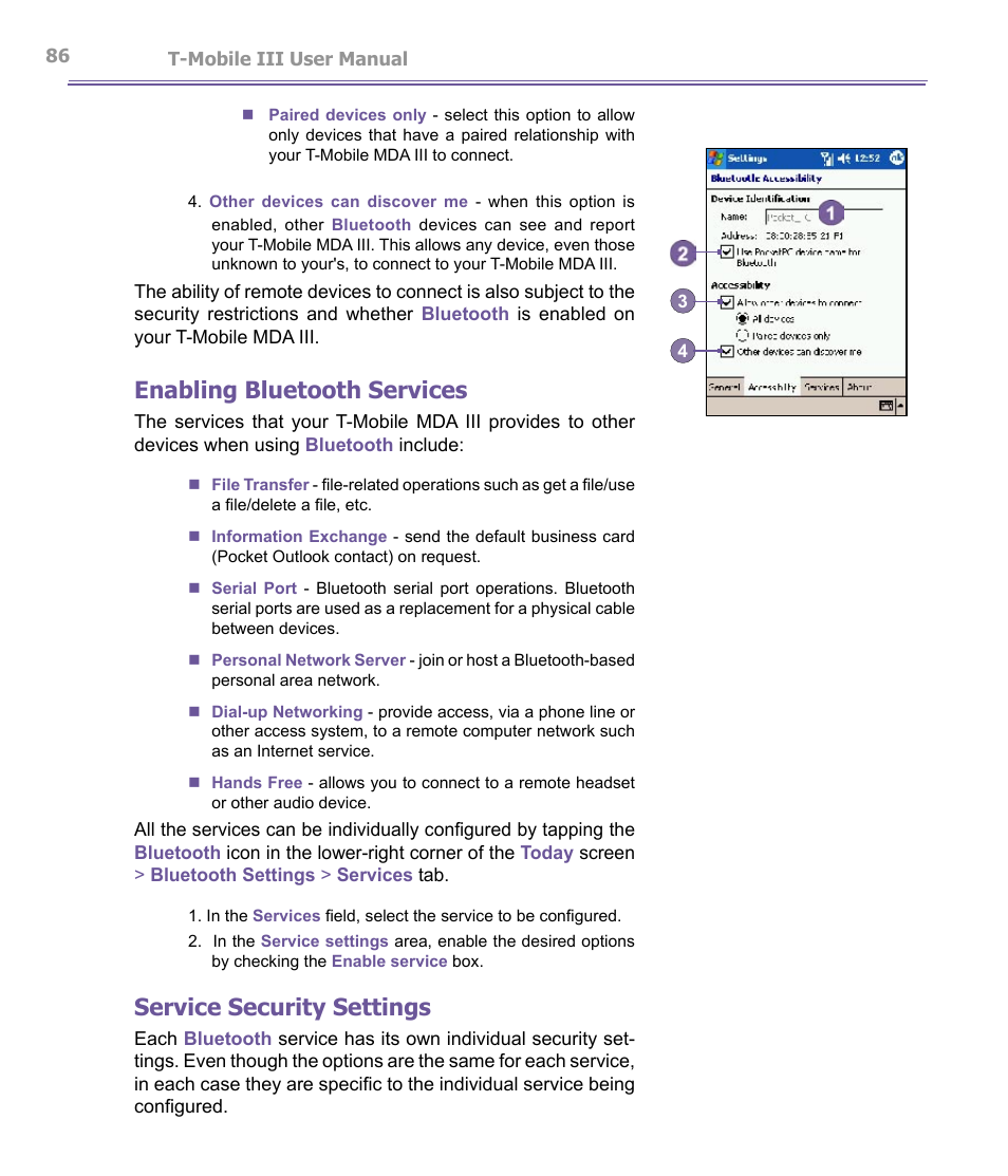 Enabling bluetooth services, Service security settings | T-Mobile MDA III User Manual | Page 86 / 178