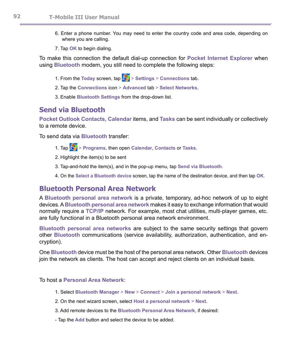Send via bluetooth, Bluetooth personal area network | T-Mobile MDA III User Manual | Page 92 / 178