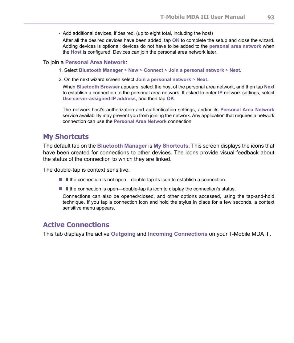 My shortcuts, Active connections | T-Mobile MDA III User Manual | Page 93 / 178