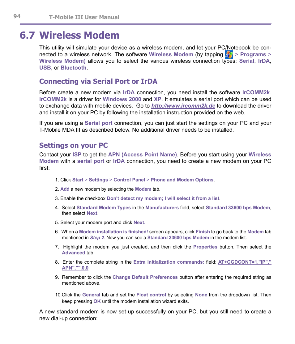 7 wireless modem, Connecting via serial port or irda, Settings on your pc | T-Mobile MDA III User Manual | Page 94 / 178