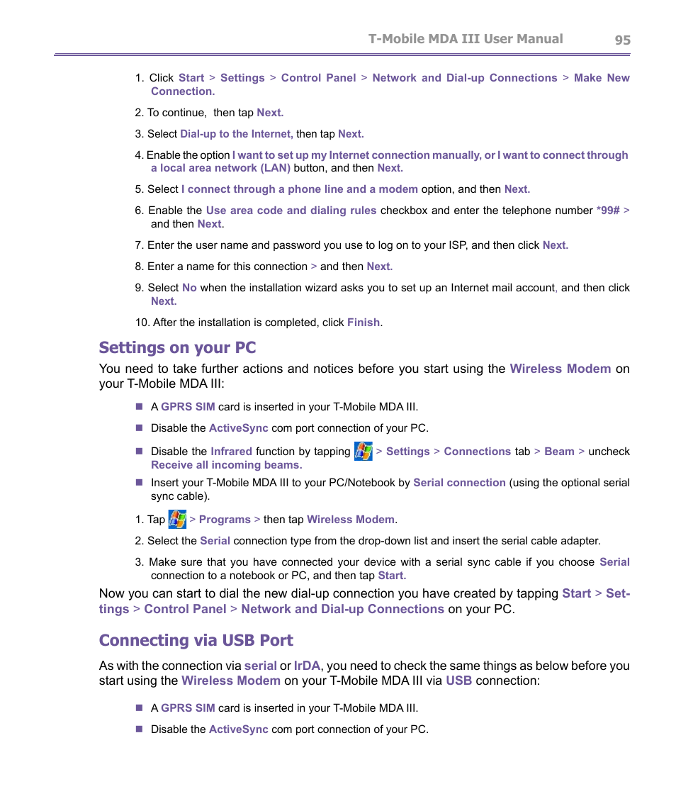 Settings on your pc, Connecting via usb port | T-Mobile MDA III User Manual | Page 95 / 178
