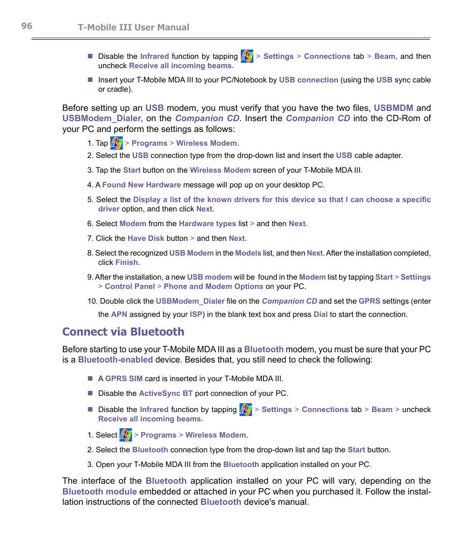 Connect via bluetooth | T-Mobile MDA III User Manual | Page 96 / 178