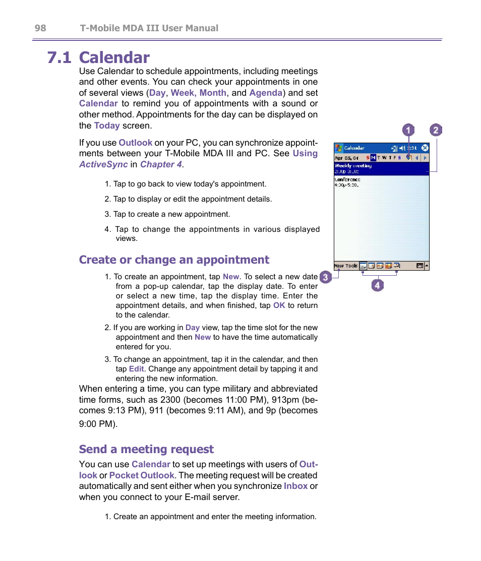 1 calendar, Create or change an appointment, Send a meeting request | T-Mobile MDA III User Manual | Page 98 / 178