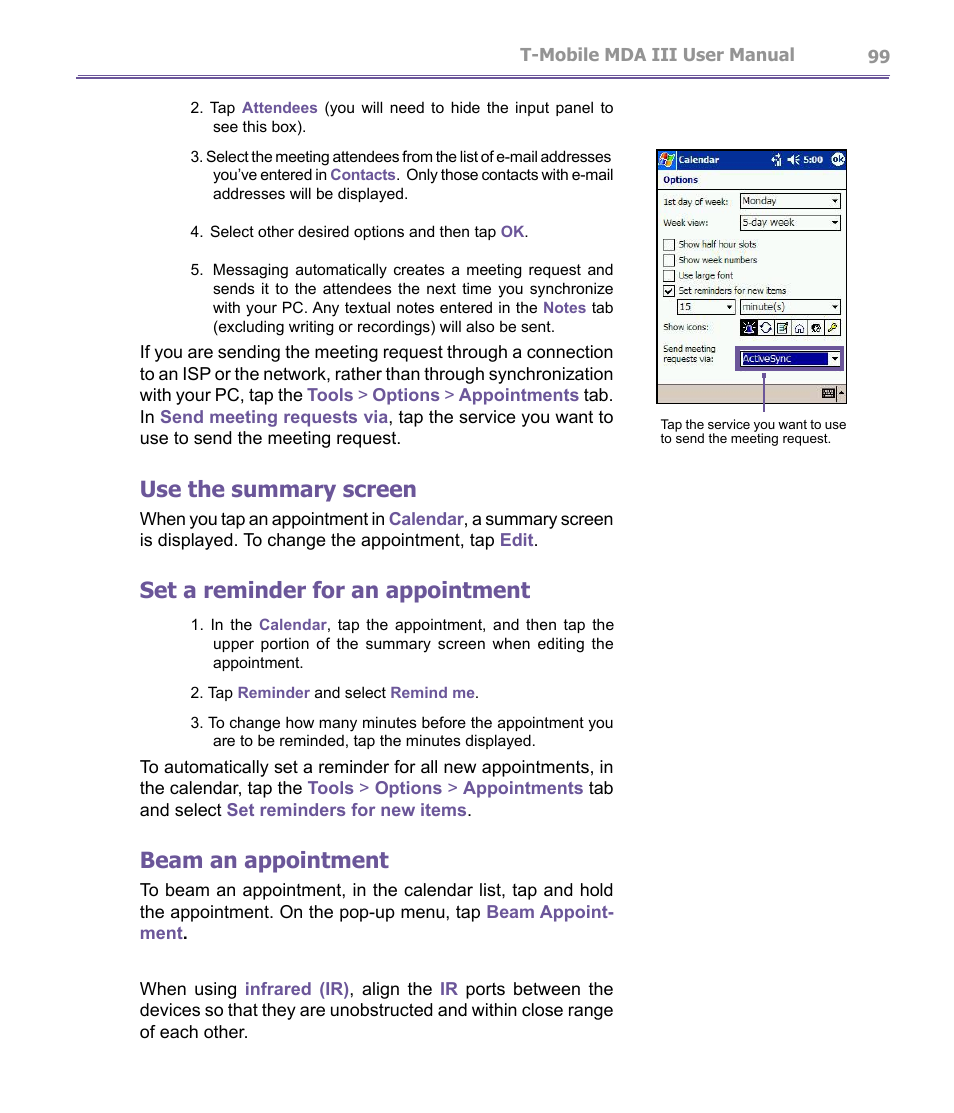 Use the summary screen, Set a reminder for an appointment, Beam an appointment | T-Mobile MDA III User Manual | Page 99 / 178