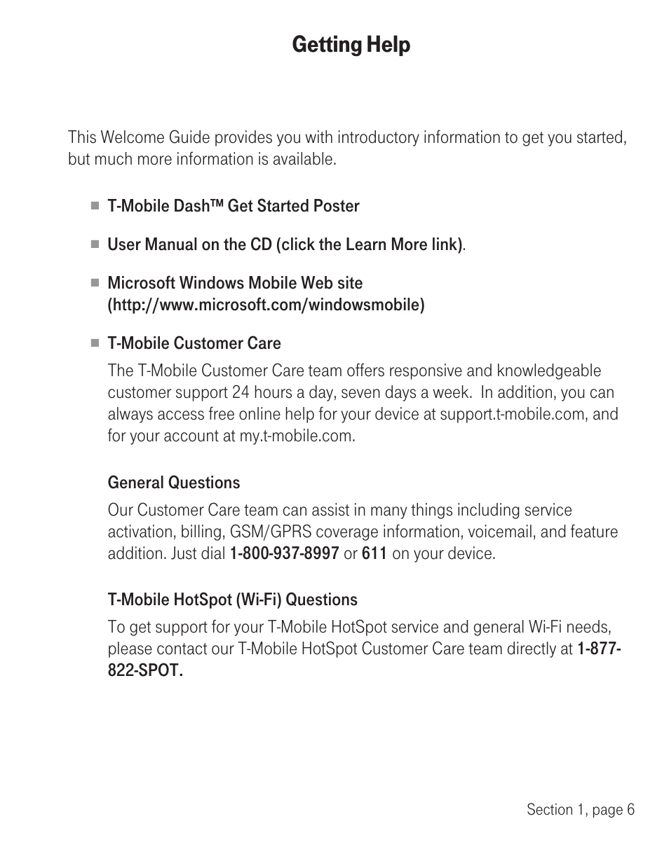 Getting help | T-Mobile TM1393 User Manual | Page 10 / 62