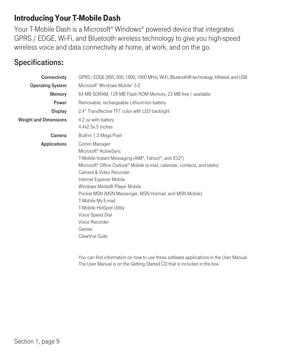 Introducing your t-mobile dash, Specifications, Your t-mobile dash is a microsoft | Windows | T-Mobile TM1393 User Manual | Page 13 / 62