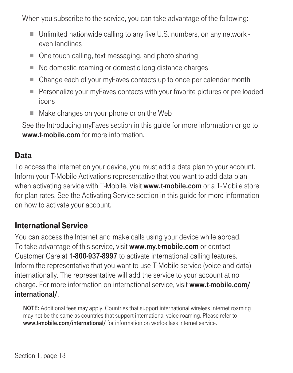 Data, International service | T-Mobile TM1393 User Manual | Page 17 / 62