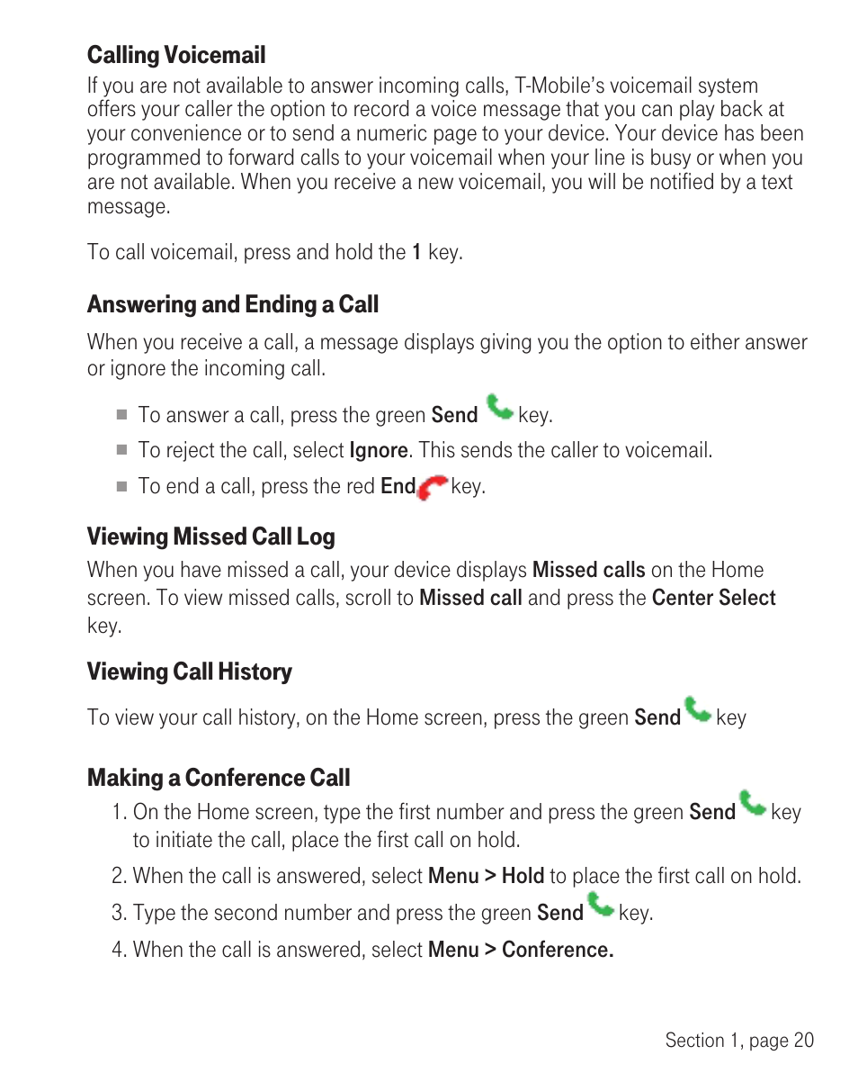 Calling voicemail, Answering and ending a call, Viewing missed call log | Viewing call history, Making a conference call | T-Mobile TM1393 User Manual | Page 24 / 62