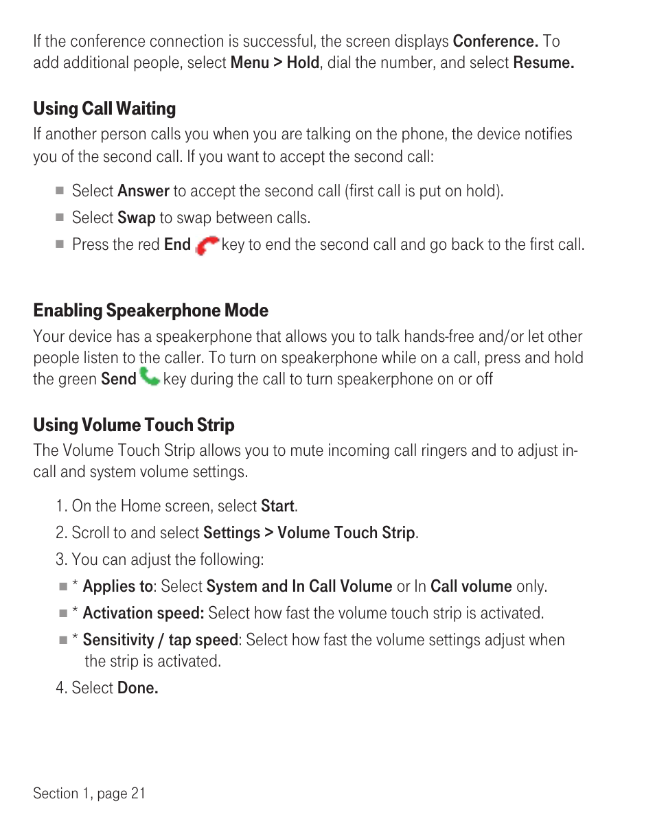 Using call waiting, Enabling speakerphone mode, Using volume touch strip | T-Mobile TM1393 User Manual | Page 25 / 62