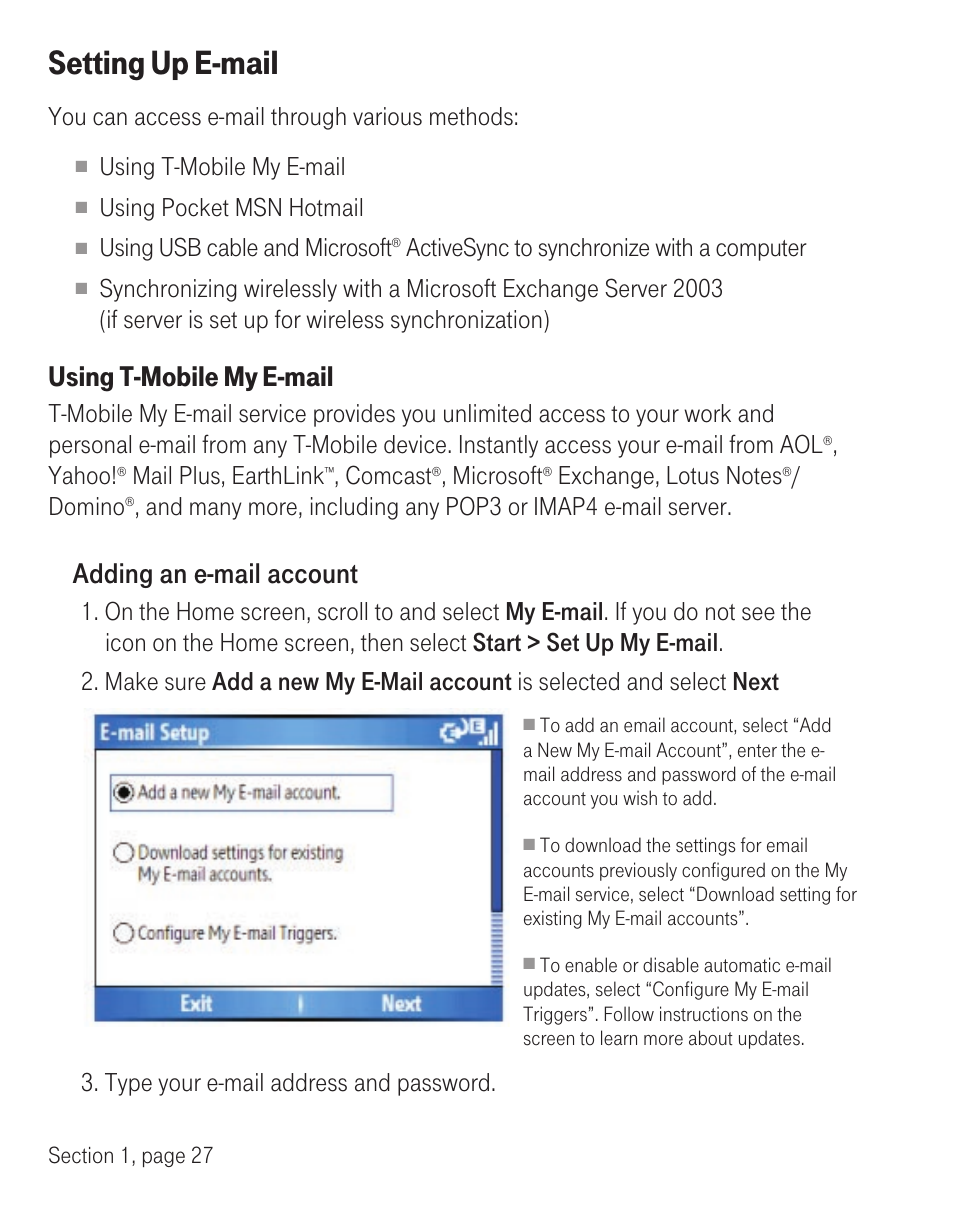 Setting up e-mail, Adding an e-mail account, You can access e-mail through various methods | Using t-mobile my e-mail, Using pocket msn hotmail, Using usb cable and microsoft, Activesync to synchronize with a computer, Yahoo, Mail plus, earthlink, Comcast | T-Mobile TM1393 User Manual | Page 31 / 62