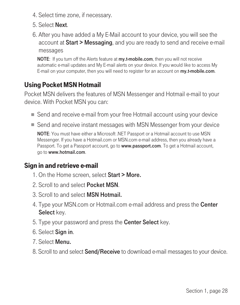 Using pocket msn hotmail, Sign in and retrieve e-mail | T-Mobile TM1393 User Manual | Page 32 / 62