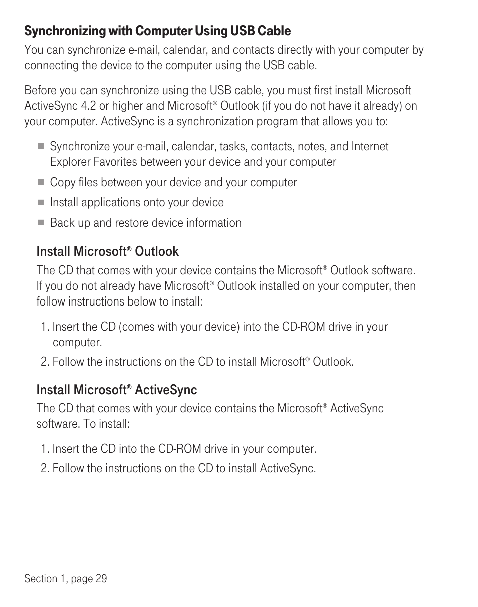 Synchronizing with computer using usb cable, Install microsoft, Outlook | Activesync | T-Mobile TM1393 User Manual | Page 33 / 62