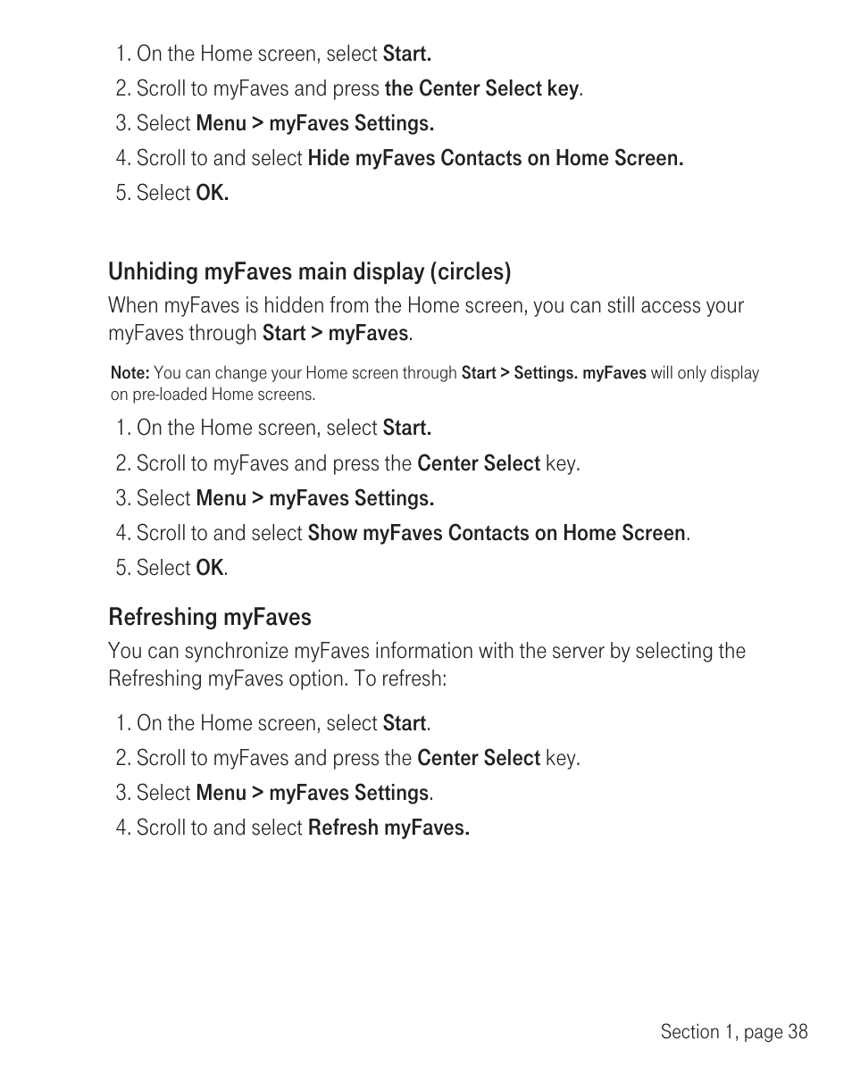 Unhiding myfaves main display (circles), Refreshing myfaves | T-Mobile TM1393 User Manual | Page 42 / 62