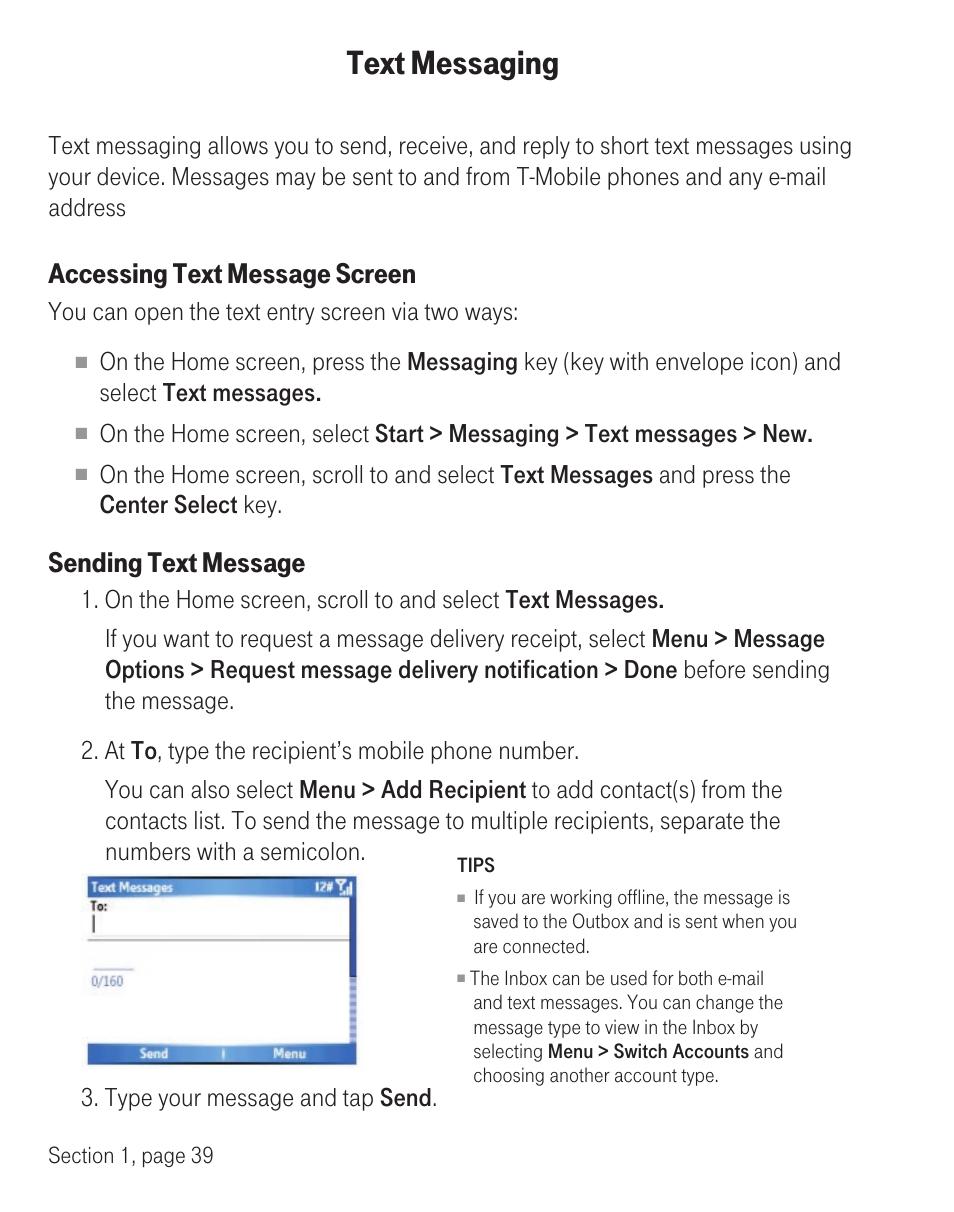 Text messaging, Accessing text message screen, Sending text message | T-Mobile TM1393 User Manual | Page 43 / 62