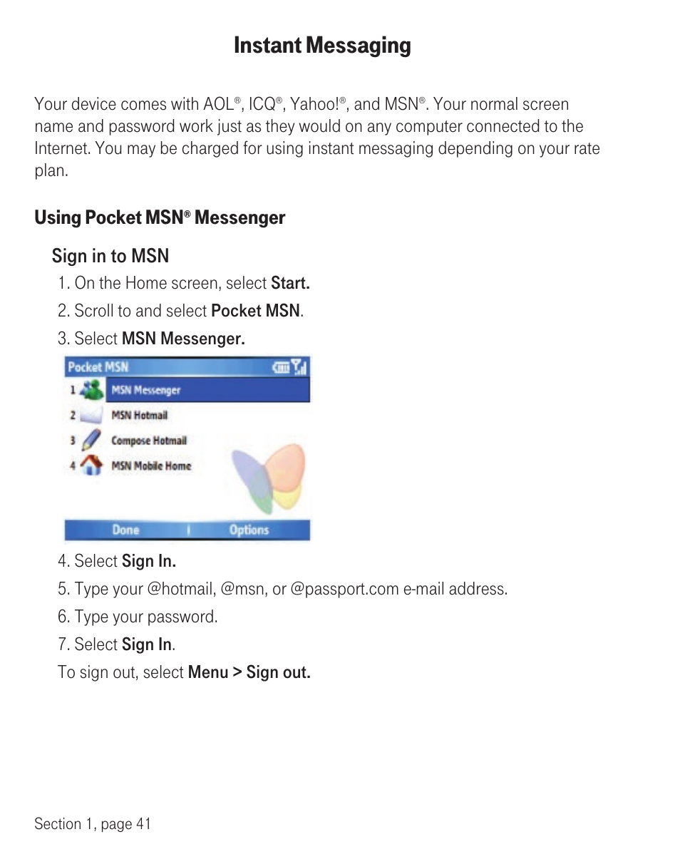 Instant messaging, Using pocket msn, Messenger sign in to msn | T-Mobile TM1393 User Manual | Page 45 / 62