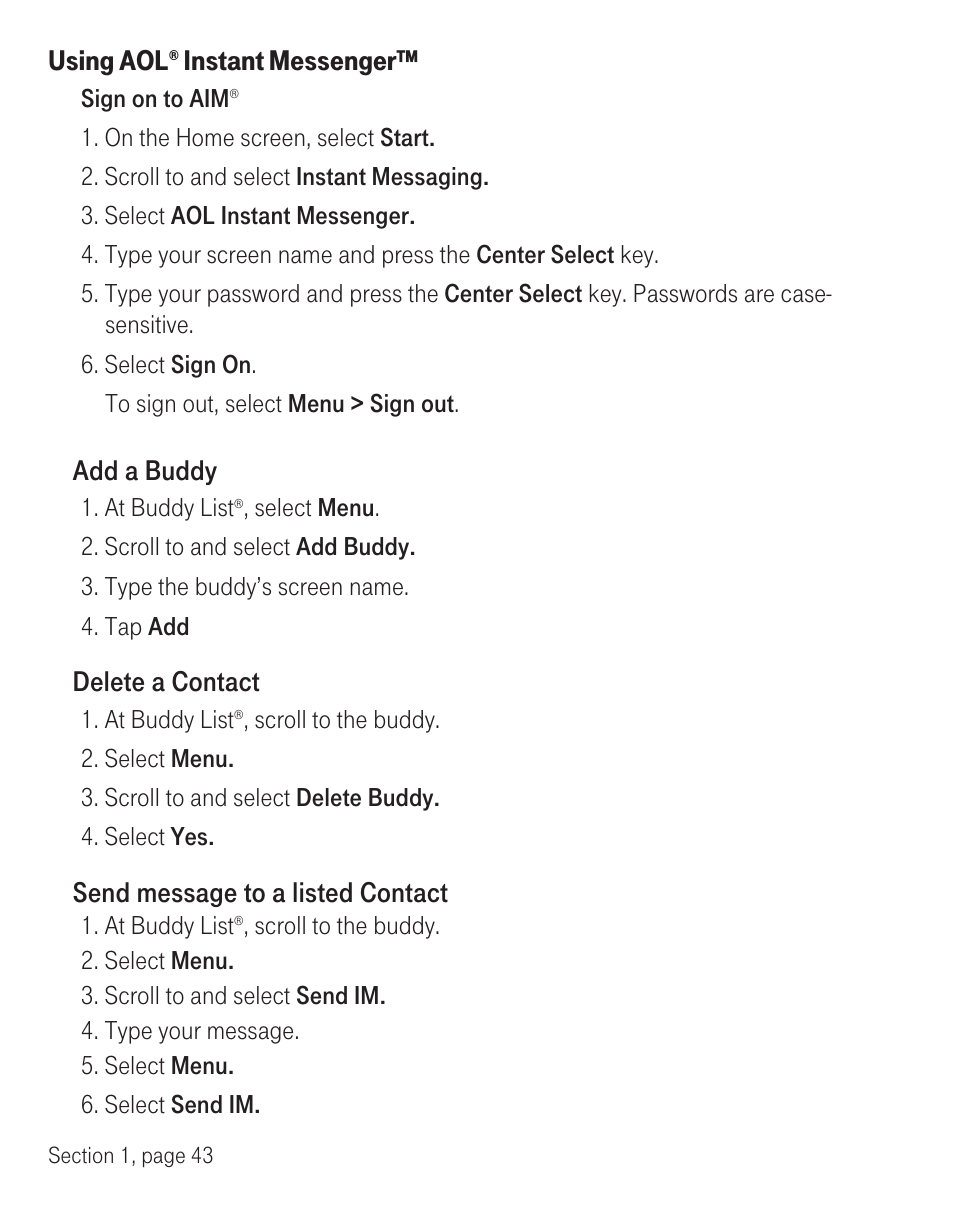 Using aol, Instant messenger, Add a buddy | Delete a contact, Send message to a listed contact | T-Mobile TM1393 User Manual | Page 47 / 62