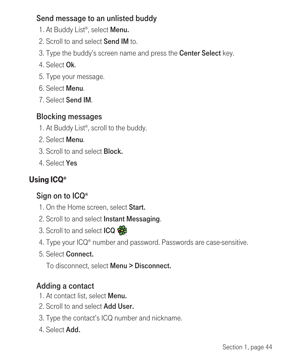 Send message to an unlisted buddy, Blocking messages, Using icq | Sign on to icq, Adding a contact | T-Mobile TM1393 User Manual | Page 48 / 62