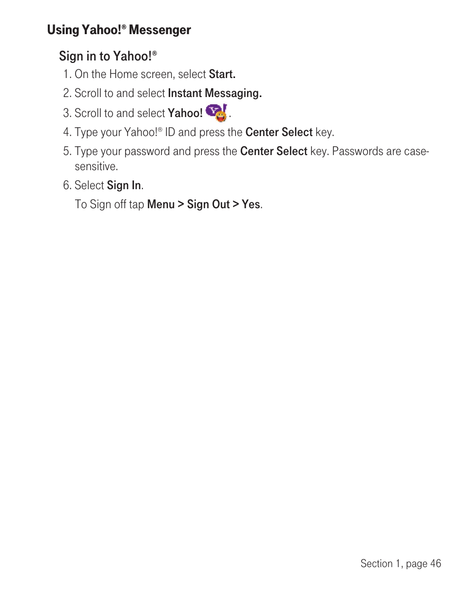 Using yahoo, Messenger sign in to yahoo | T-Mobile TM1393 User Manual | Page 50 / 62