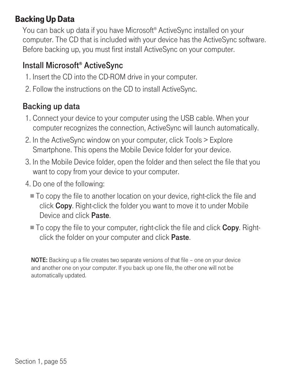 Backing up data, Install microsoft, Activesync | T-Mobile TM1393 User Manual | Page 59 / 62