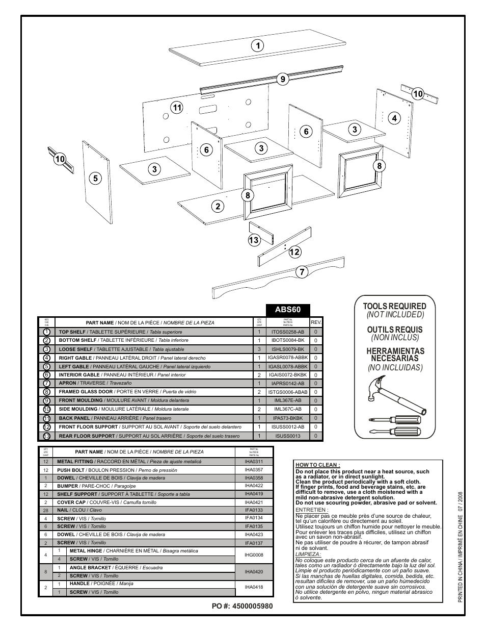 Tools required, Outils requis, Herramientas necesarias | Not included), Non inclus), No incluidas), Abs60 | Tech Craft ABS60 User Manual | Page 2 / 9