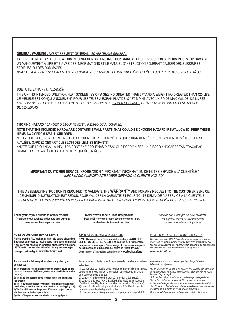 Warranty | Tech Craft FLEX37WB User Manual | Page 2 / 27