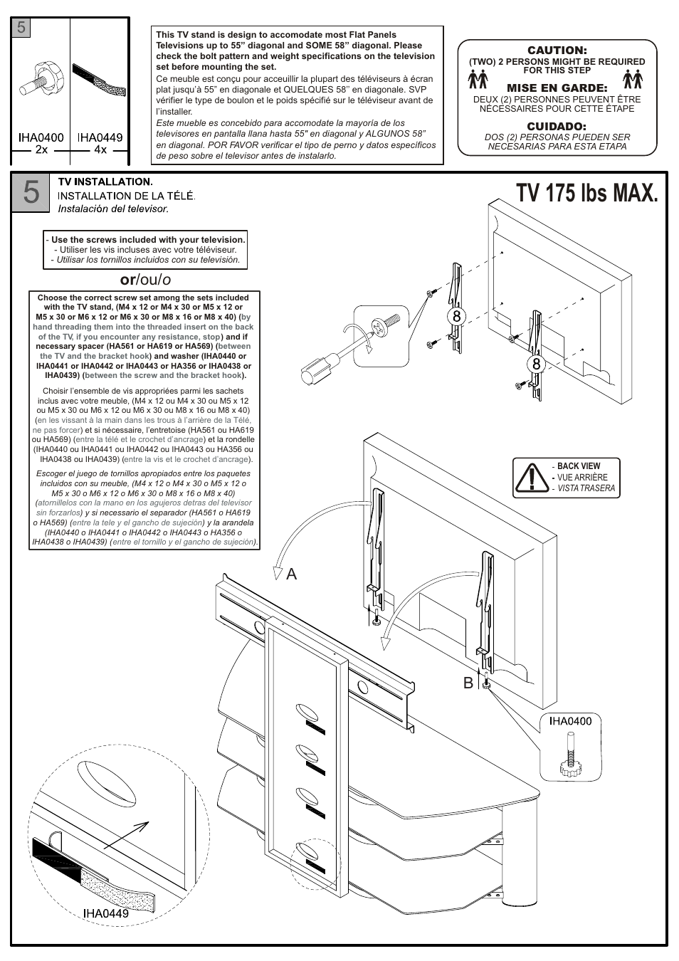 Tv 175 lbs max, Or /ou/ o | Tech Craft TRK55B User Manual | Page 7 / 7