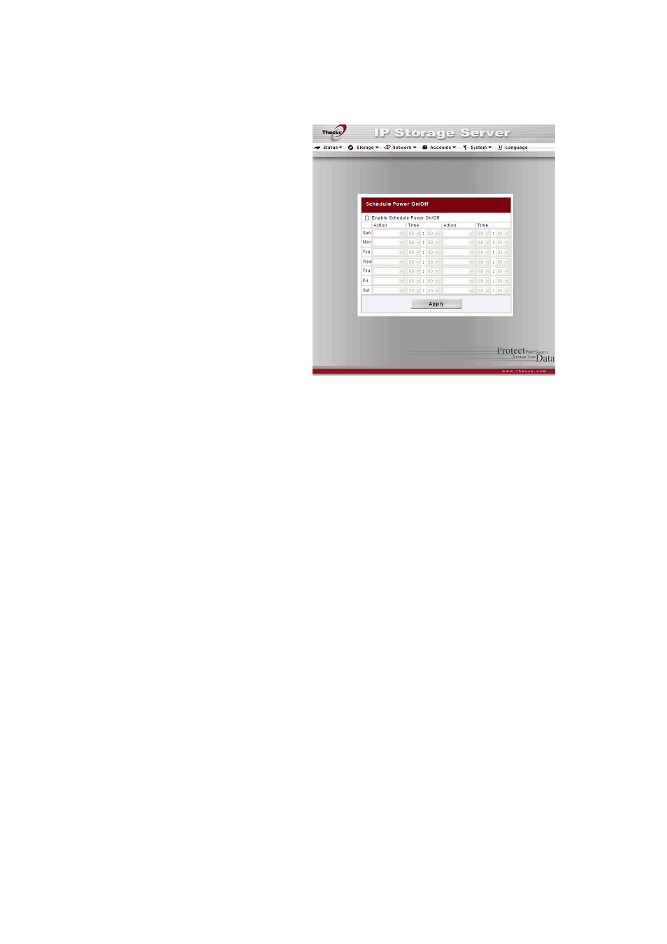 Power management, Finally, click apply to save your changes, Example - monday: on: 8:00; off: 16:00 | Example - monday: on: 8:00, Example - monday: off: 8:00; off: 16:00 | Thecus Technology N8800 User Manual | Page 26 / 120