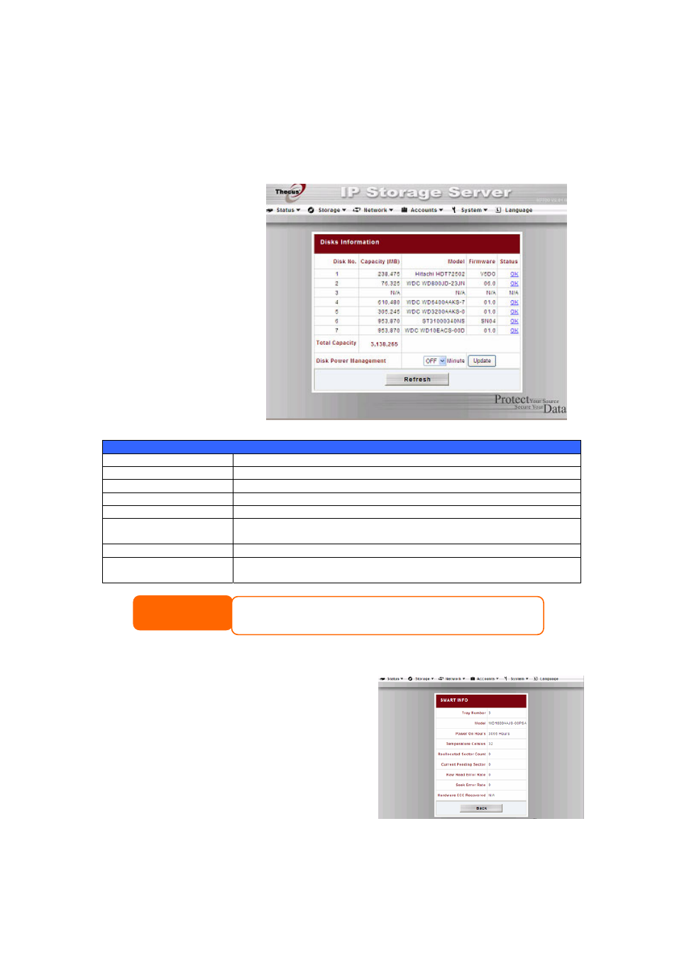 Storage management, Disks information, S.m.a.r.t. information | Thecus Technology N8800 User Manual | Page 27 / 120