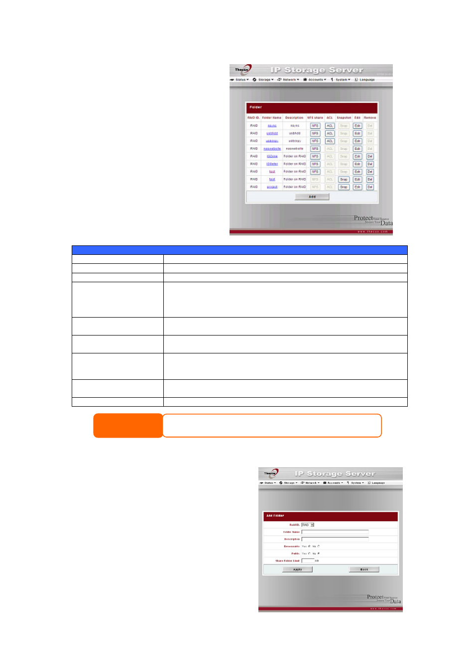 Folder management, Adding folders | Thecus Technology N8800 User Manual | Page 36 / 120