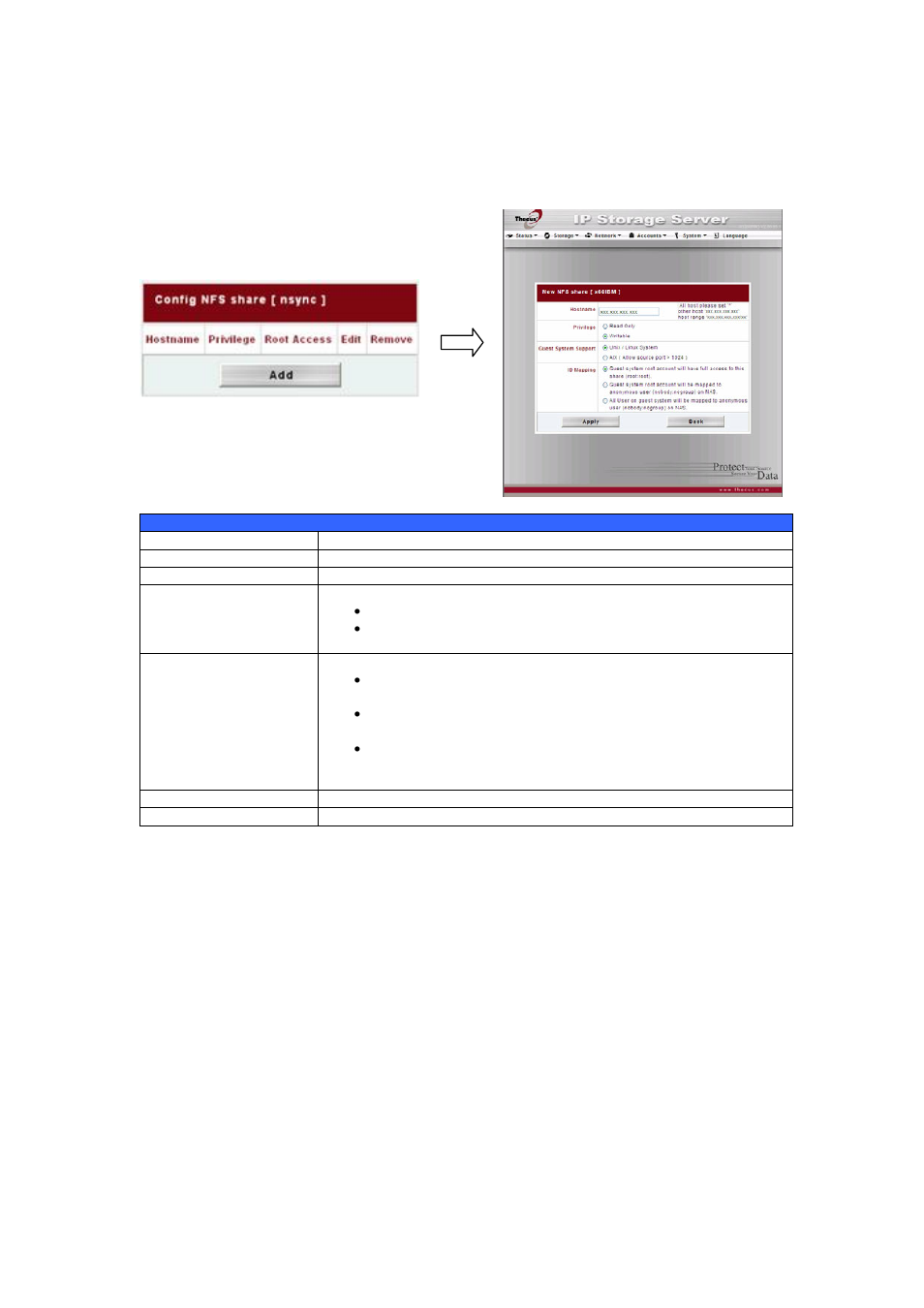 Nfs share, Snap (snapshot configuration), Folder access control list (acl) | Thecus Technology N8800 User Manual | Page 38 / 120