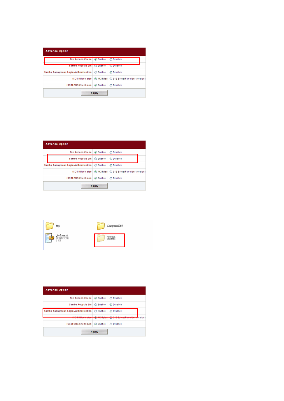 File access cache, Samba recycle bin, Samba anonymous login authentication | Thecus Technology N8800 User Manual | Page 44 / 120