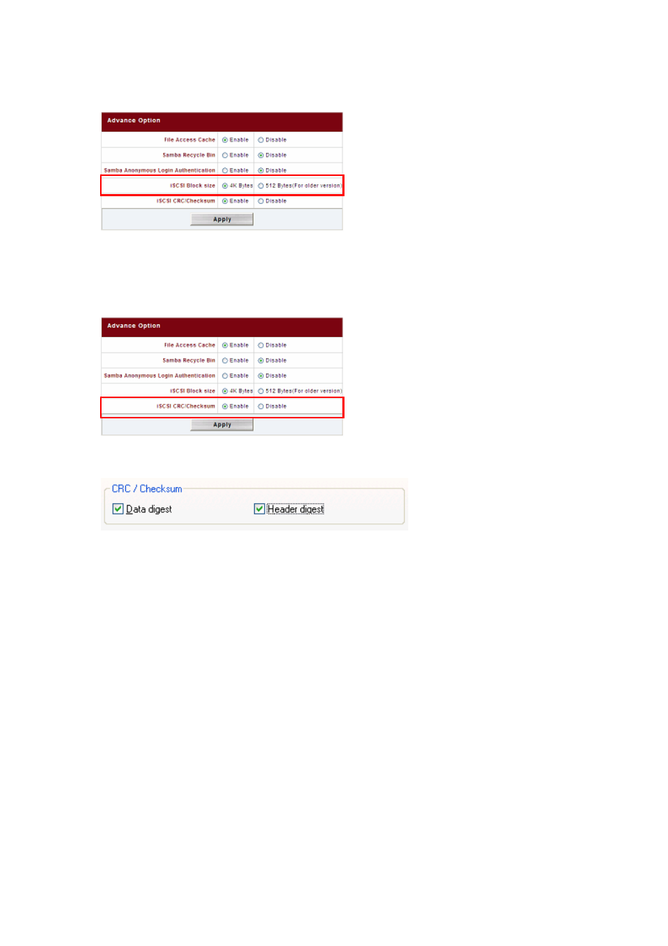 Iscsi block size, Iscsi crc/checksum | Thecus Technology N8800 User Manual | Page 45 / 120