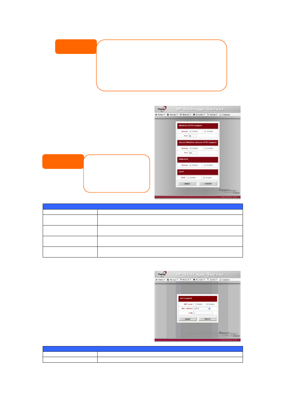 Web services configuration, Afp (apple network setup), Ole_link7 | Apple file protocol (afp) | Thecus Technology N8800 User Manual | Page 49 / 120