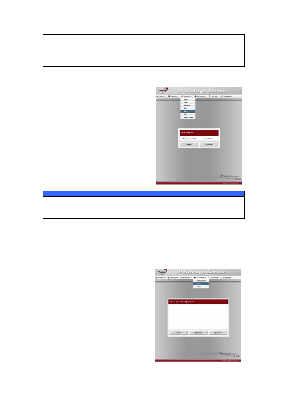 Nfs setup, User and group management, Local user configuration | User, And group management, Network file system (nfs) | Thecus Technology N8800 User Manual | Page 50 / 120