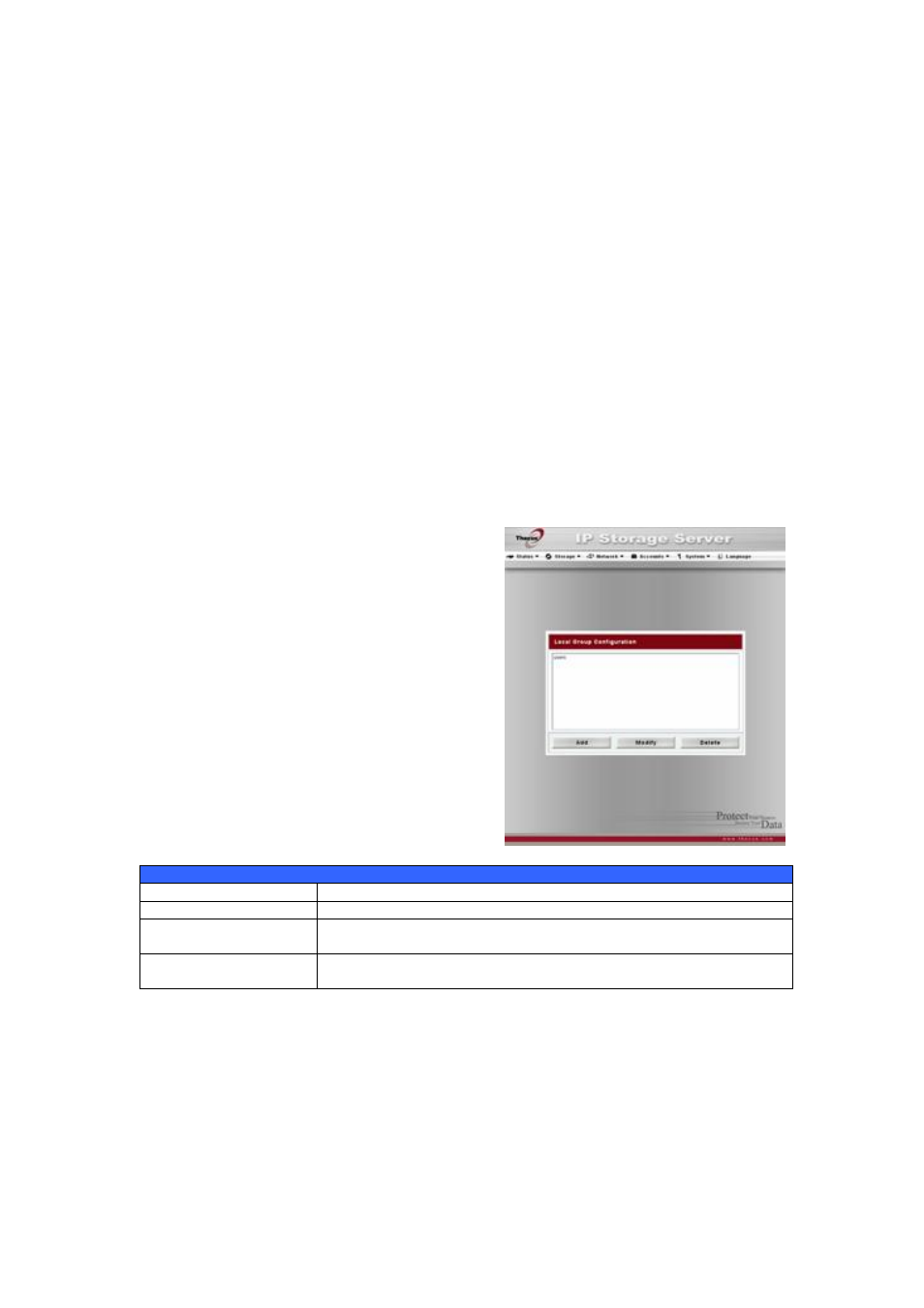 Modifying users, Deleting users, Local groups configuration | Adding groups, The local group setting screen appears, Enter a group name | Thecus Technology N8800 User Manual | Page 52 / 120