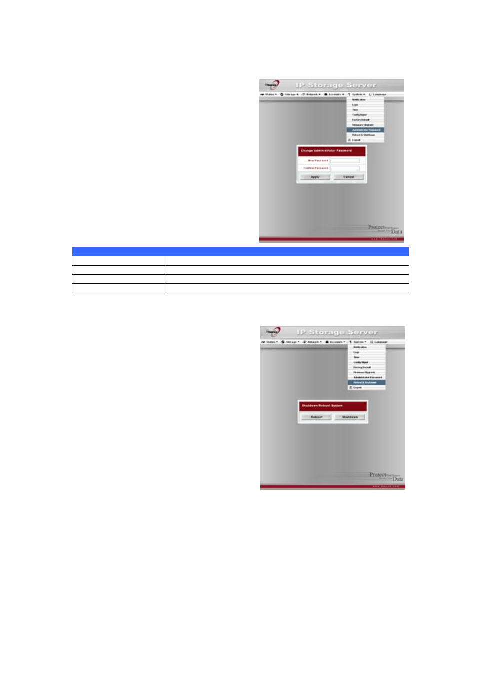 Change administrator password, Reboot and shutdown system, Logout | Scheduled power, On/off | Thecus Technology N8800 User Manual | Page 60 / 120