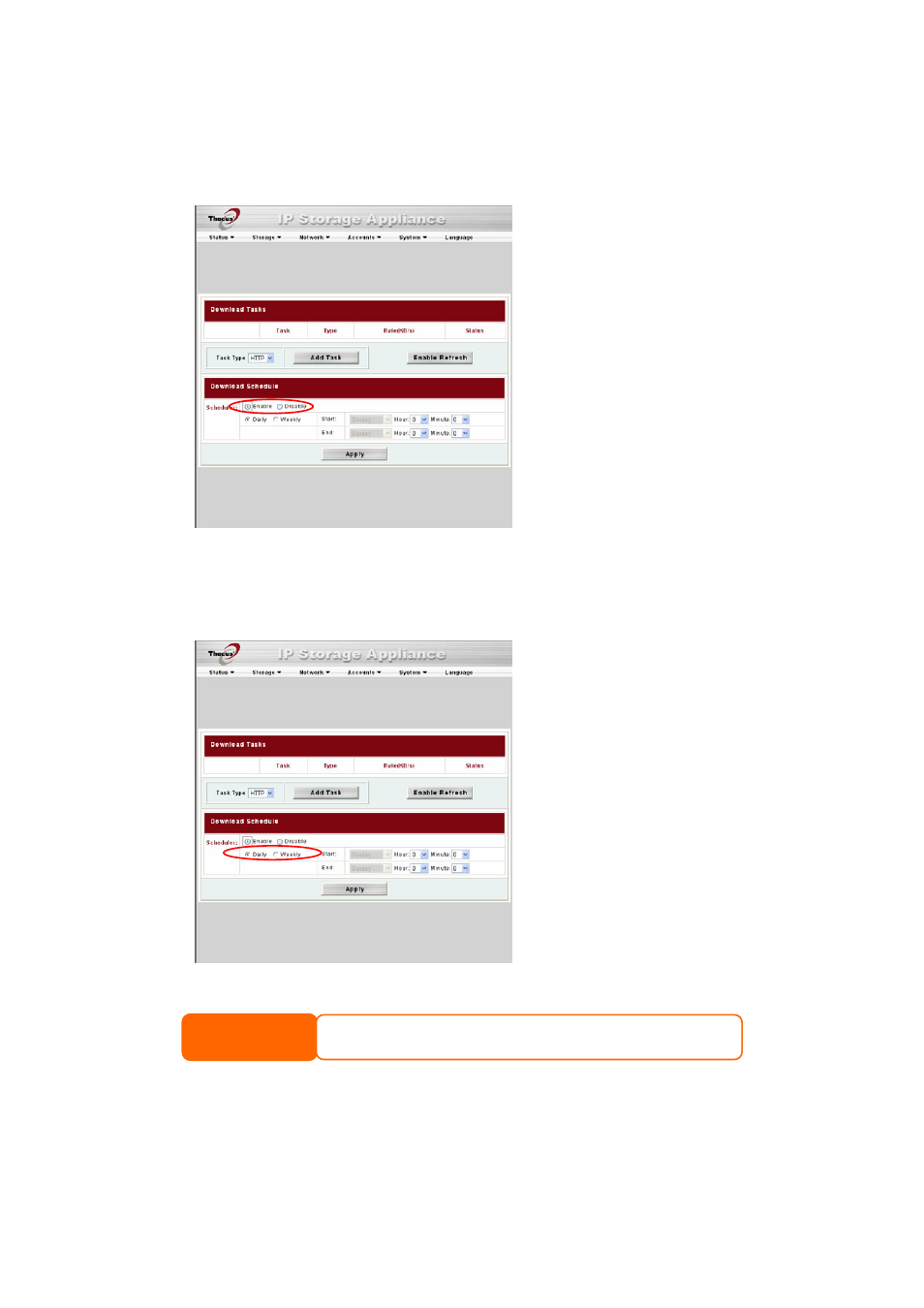 To schedule downloads, follow these steps, Under download schedule, set scheduler to enable, Click apply to save your changes | Thecus Technology N8800 User Manual | Page 80 / 120