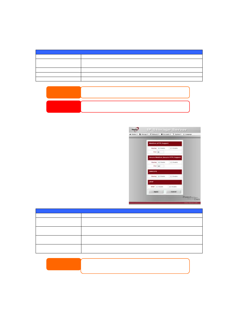 Dhcp configuration, Web services configuration, Smb/cifs | Apple file protocol (afp), Warning | Thecus Technology 1U4500R User Manual | Page 32 / 71