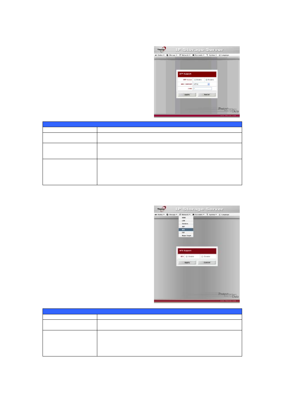 Afp (apple network setup), Nfs setup, Network file system (nfs) | Thecus Technology 1U4500R User Manual | Page 33 / 71