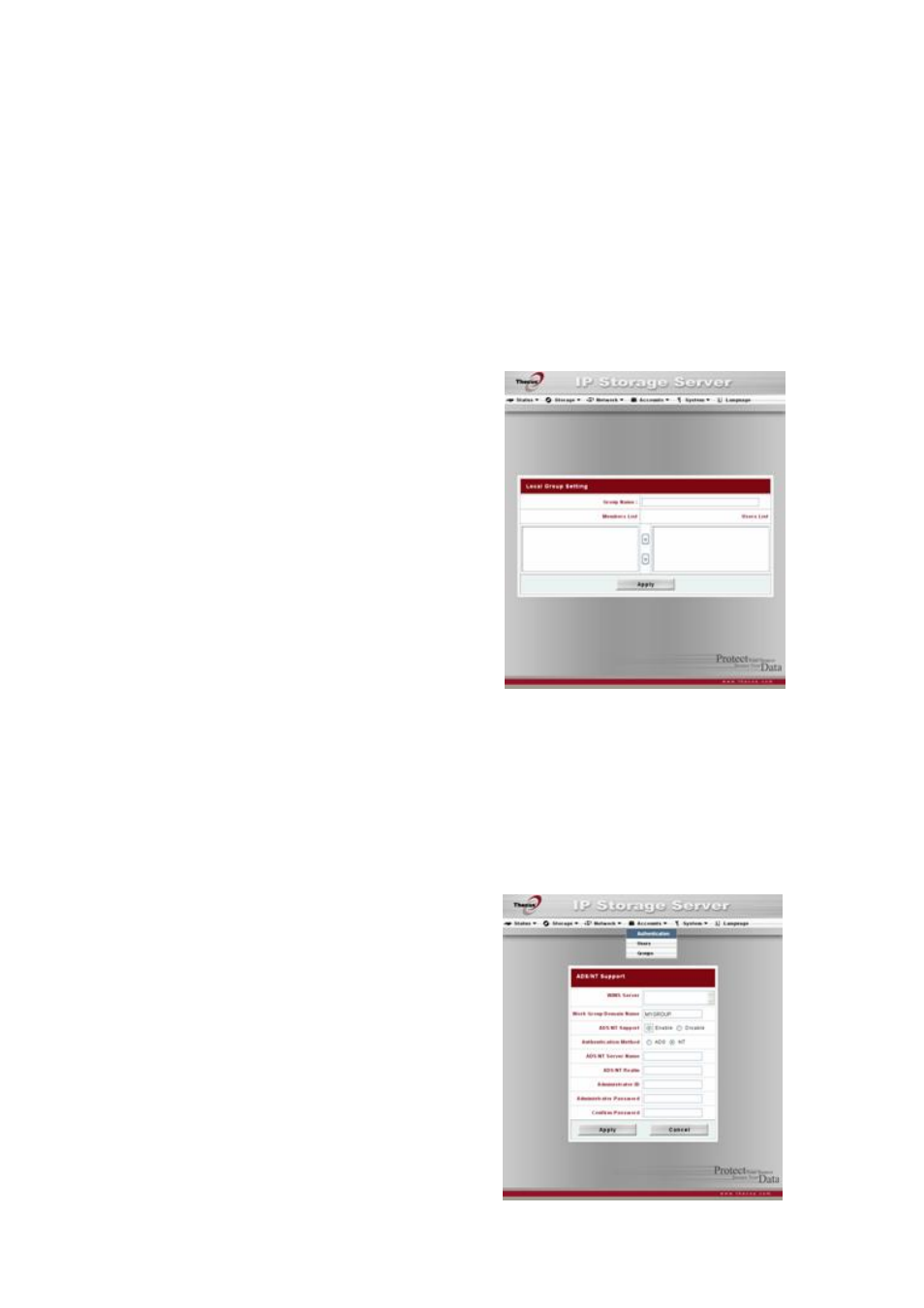 Adding groups, Modifying groups, Deleting groups | Ads/nt configuration | Thecus Technology 1U4500R User Manual | Page 36 / 71