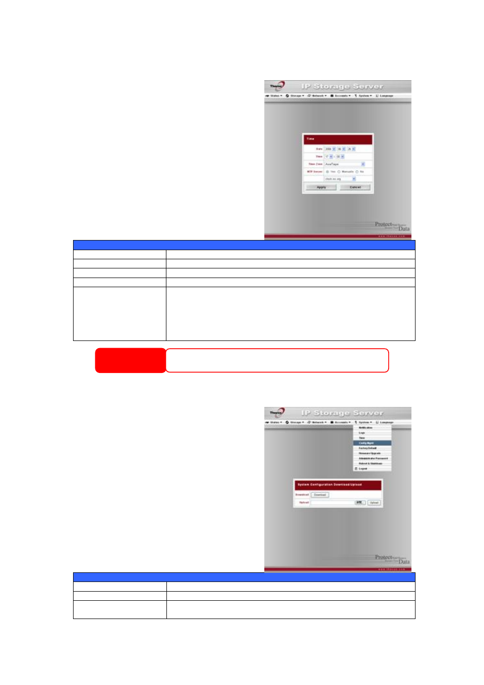Time and date settings, System configuration backup and restore, Warning | Thecus Technology 1U4500R User Manual | Page 39 / 71