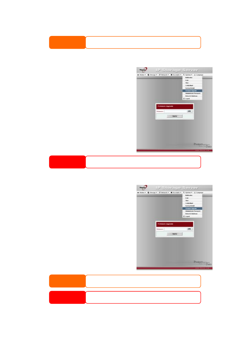 Reset to factory default settings, Upgrading system firmware, Warning | Thecus Technology 1U4500R User Manual | Page 40 / 71