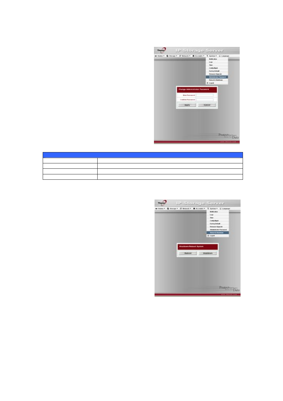 Change administrator password, Reboot and shutdown system, Logout | Thecus Technology 1U4500R User Manual | Page 41 / 71