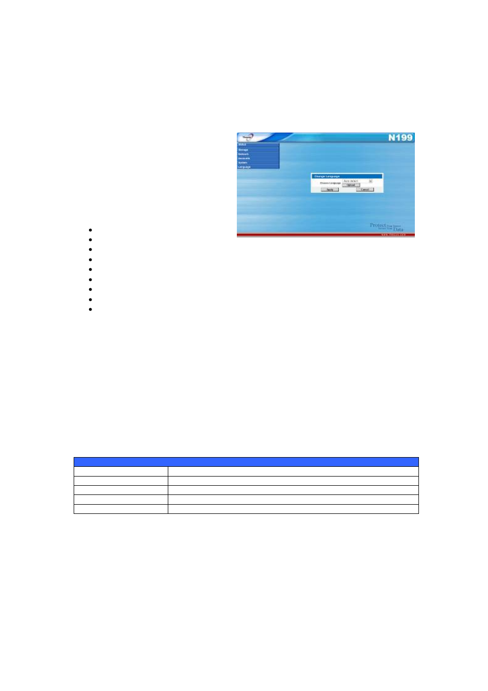 Language selection, Language package upload and management | Thecus Technology Thecus N199 User Manual | Page 20 / 94