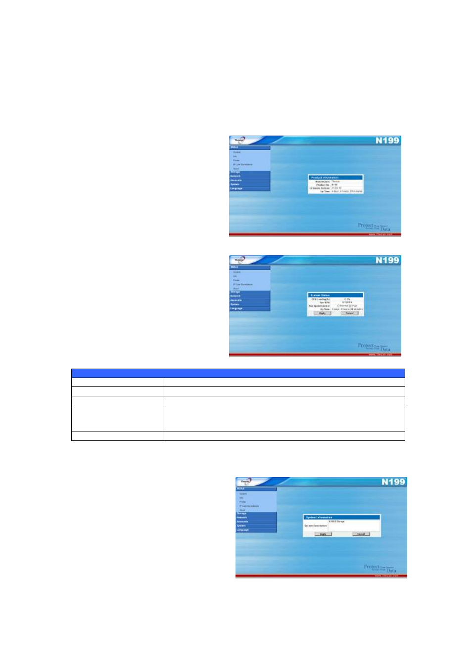 Status menu, Product information, System status | System information | Thecus Technology Thecus N199 User Manual | Page 21 / 94