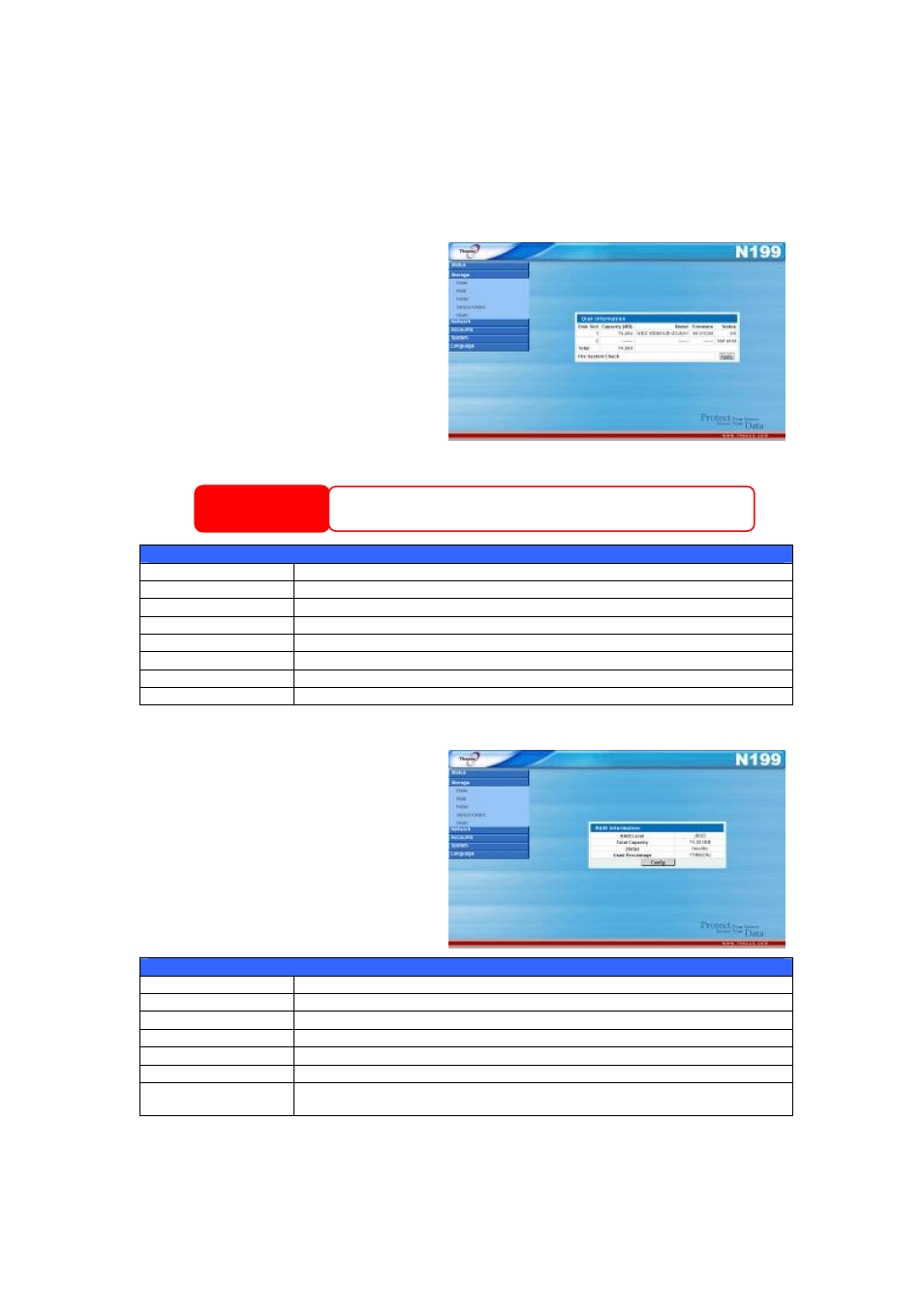 Disk information, Raid information, Storage management | Warning | Thecus Technology Thecus N199 User Manual | Page 23 / 94