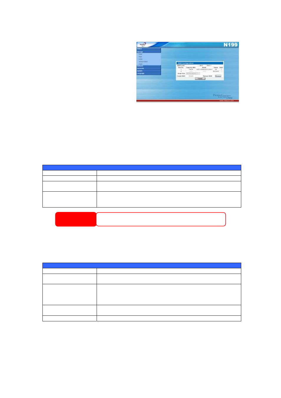 Raid configuration, Raid level, Disk settings | Warning disk settings | Thecus Technology Thecus N199 User Manual | Page 24 / 94