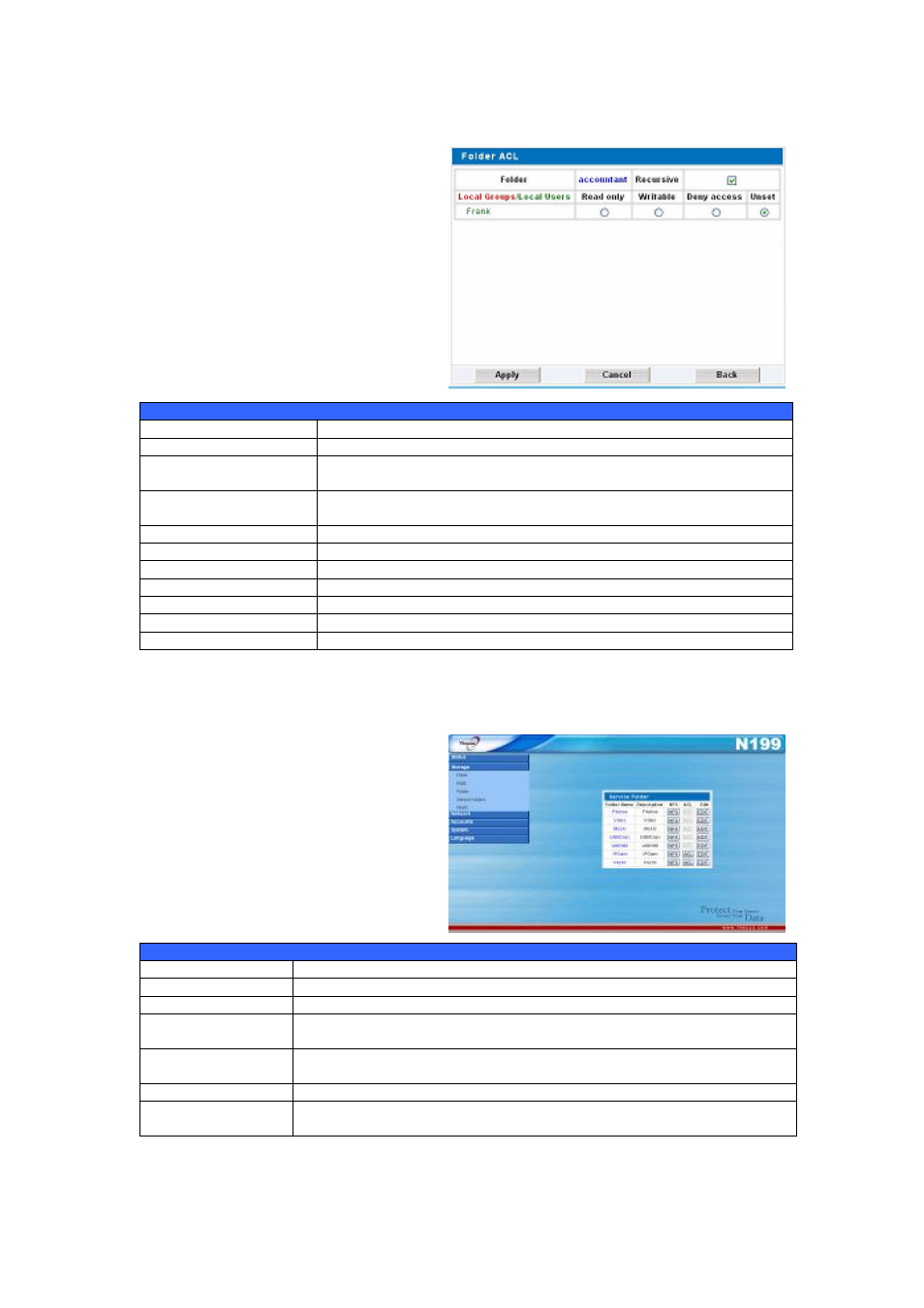 Folder access control list (acl), Service folders, Folder | Access control list (acl) | Thecus Technology Thecus N199 User Manual | Page 27 / 94